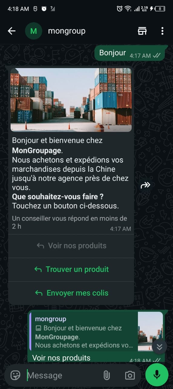 WhatsApp conversation showing the MonGroupage greeting message with three reply buttons