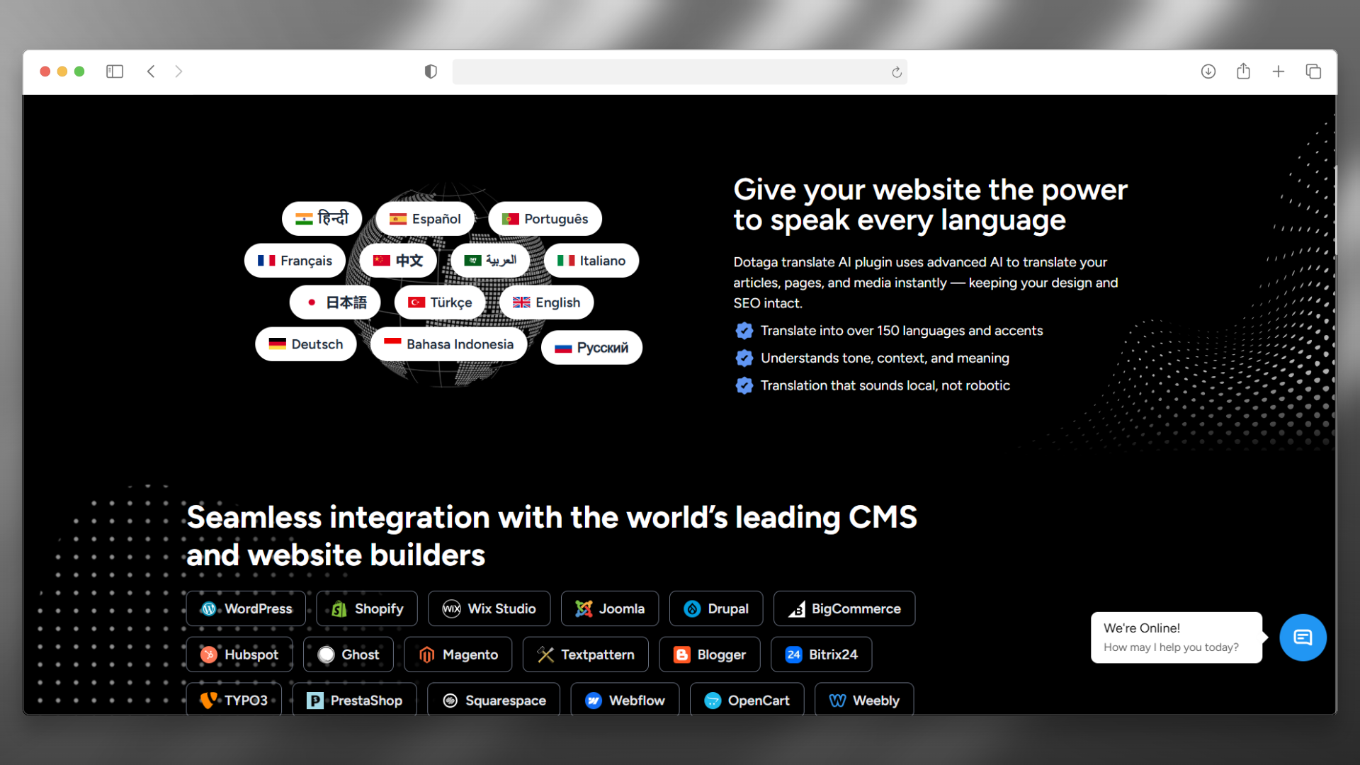 Dotaga Translate — WordPress SEO Translation Plugin — landing page — 150+ languages & cms integrations