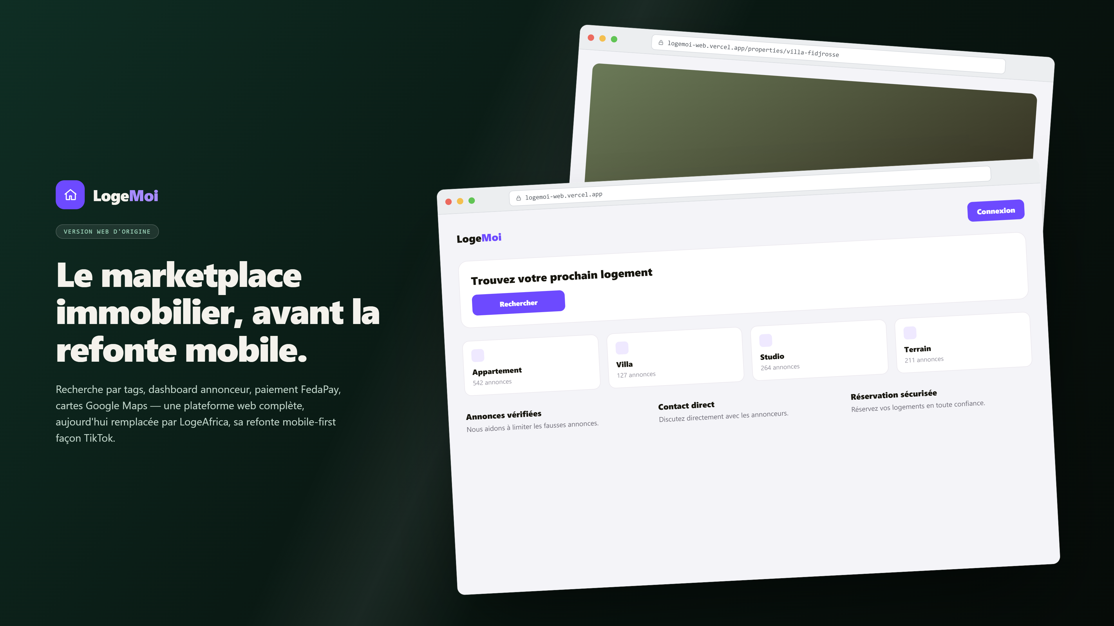 LogeMoi Web — Original Real Estate Marketplace — logemoi web — tag-based search, announcer dashboard & payments