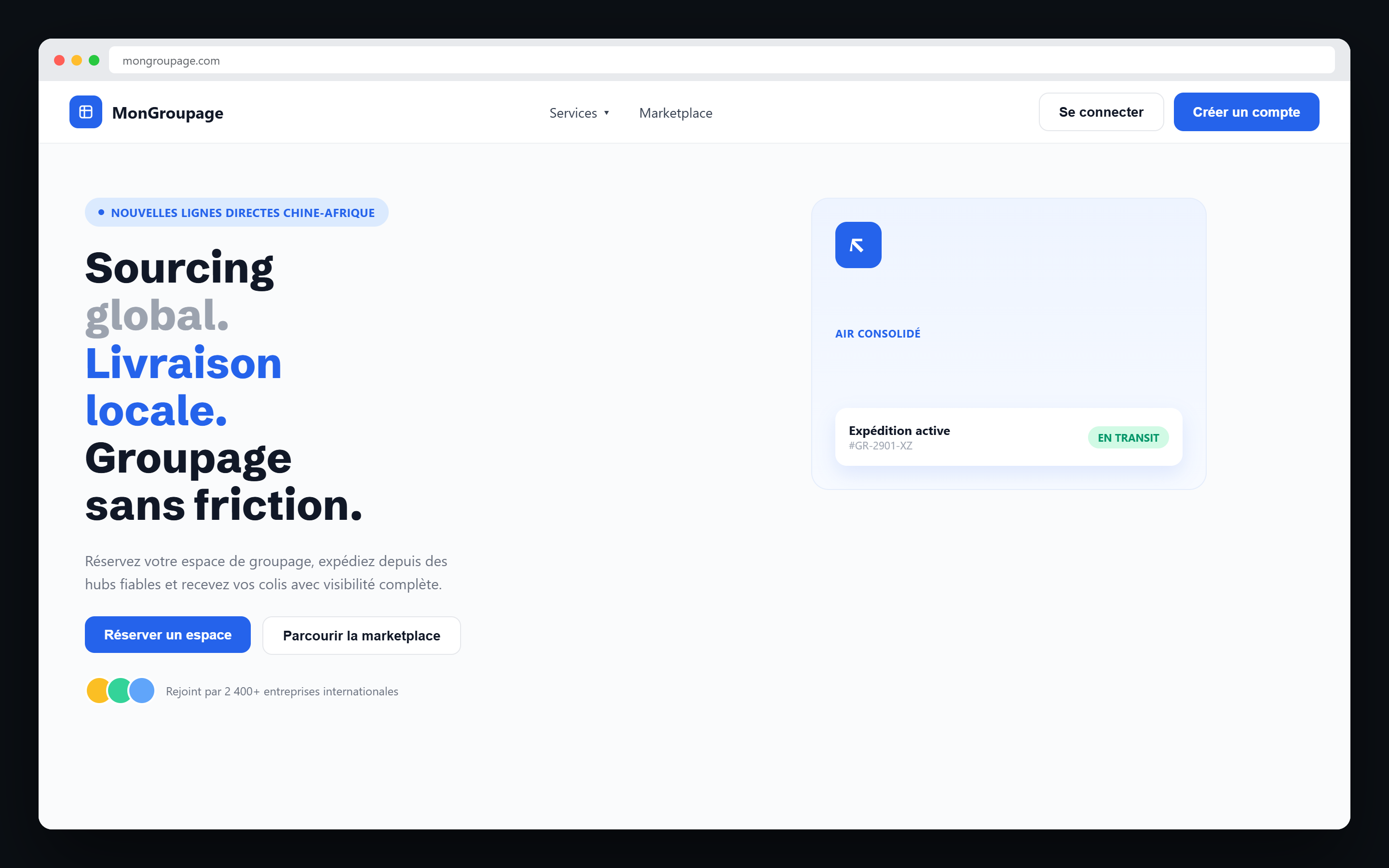 MonGroupage — Freight Platform for West African Importers — client portal — landing page